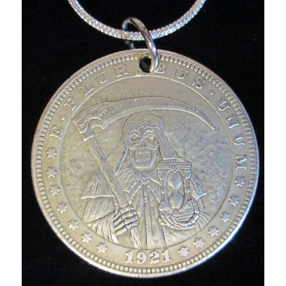 Hobo Nickel Coin US 1921 Morgan Dollar Santa Muerte Macheta Sand Clock Necklace - Picture 2 of 7